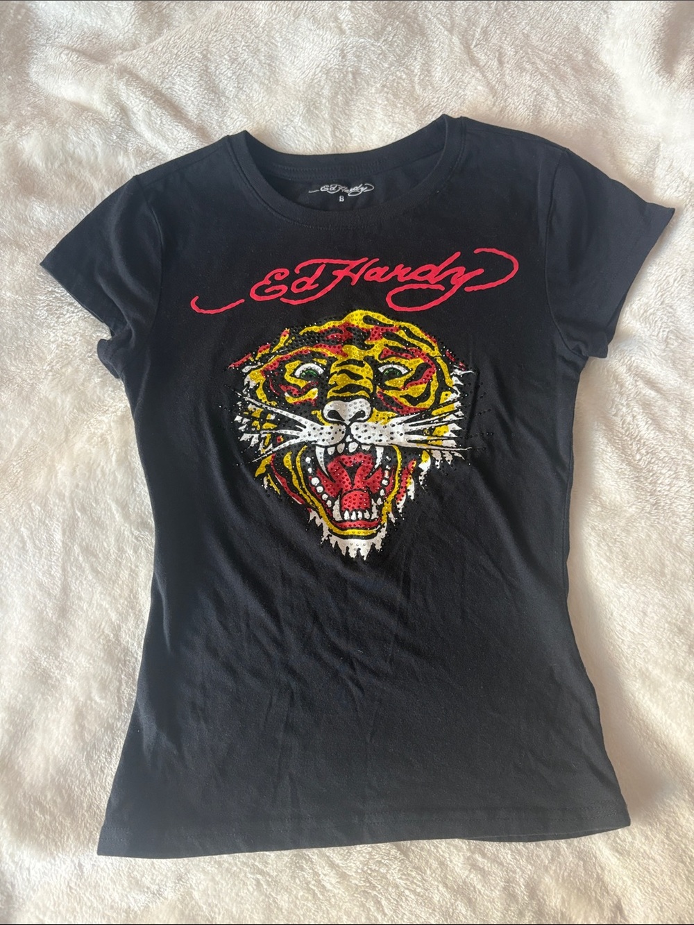 NWOT Y2K Ed Hardy Black Short-Sleeve Tiger Graphic Tee with Red Script